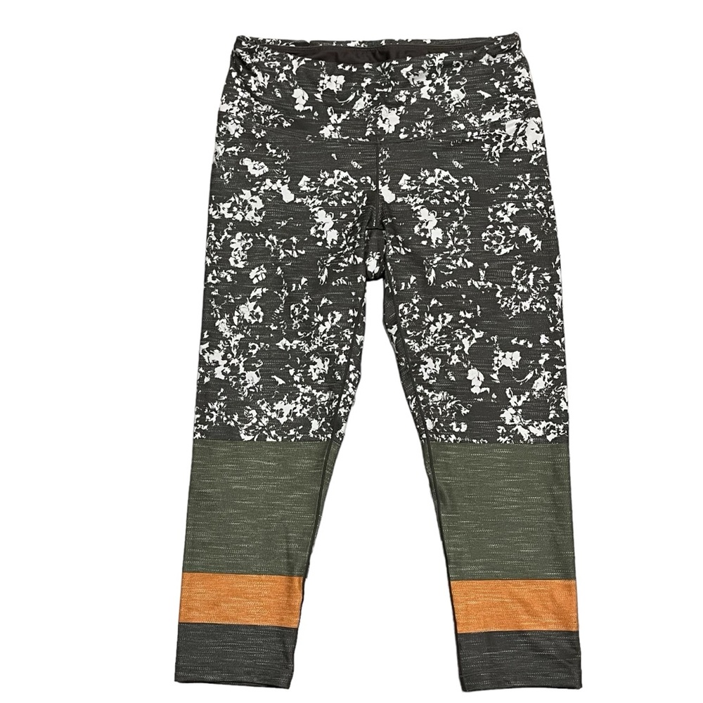 Prana Green Floral Stripe Leggings 3/4 Yoga Workout Pants Stretchy Athletic